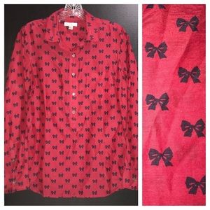 J. Crew blouse, pullover style with button placket, red with dark navy bow print